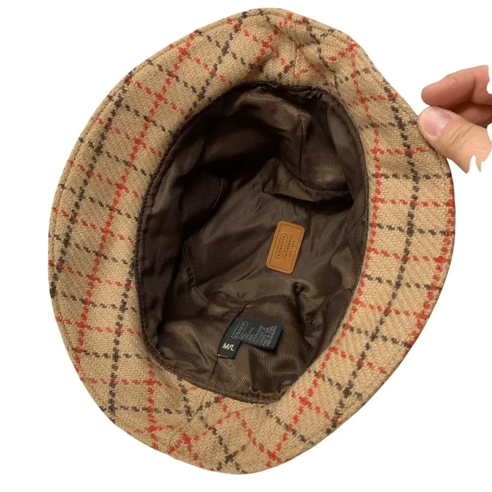 Y2K Coach Bucket Hat Womens Size M/L Tan Red Brown Plaid 100% Wool